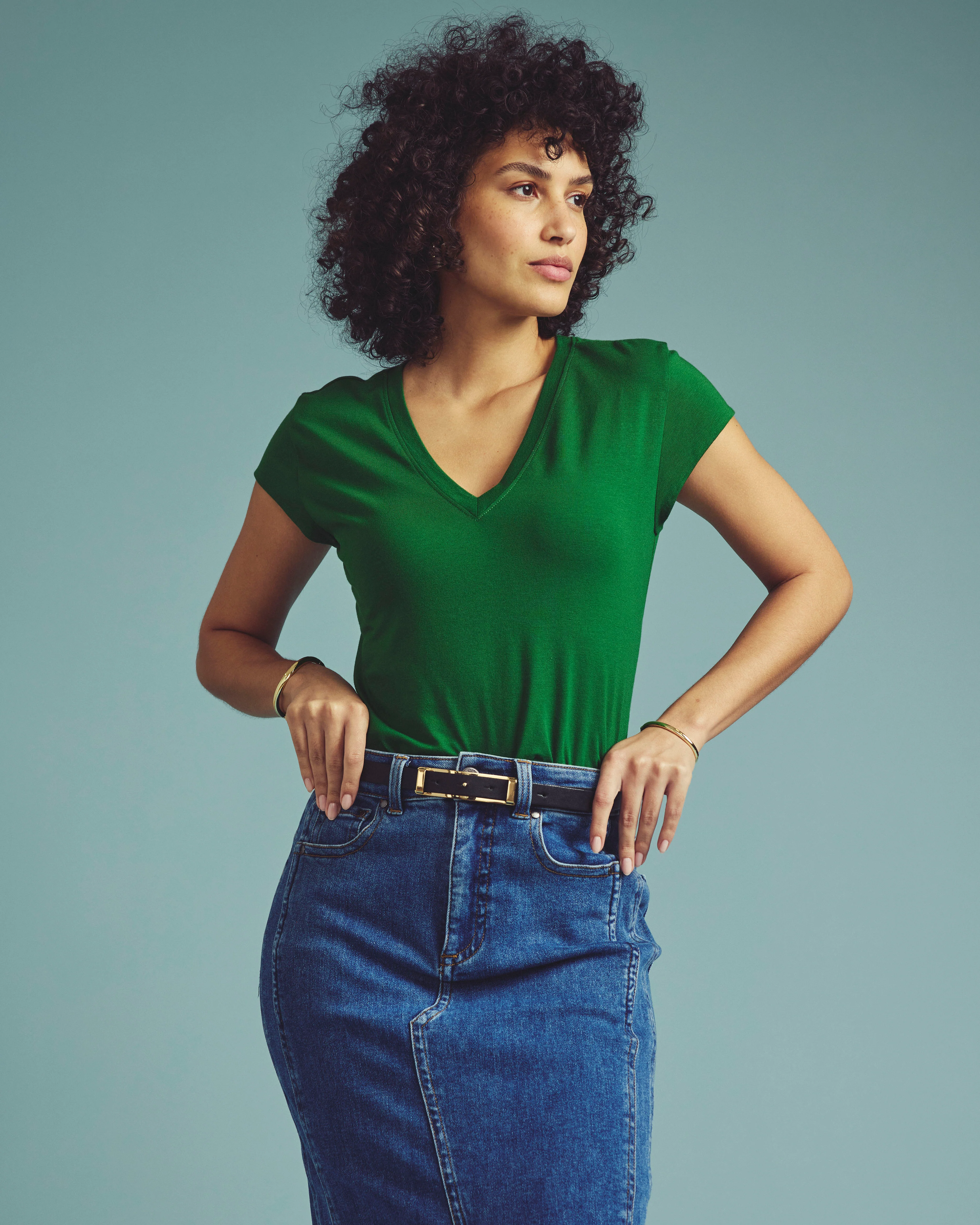 Ashley V Neck Cap Sleeve Tee - Green Park