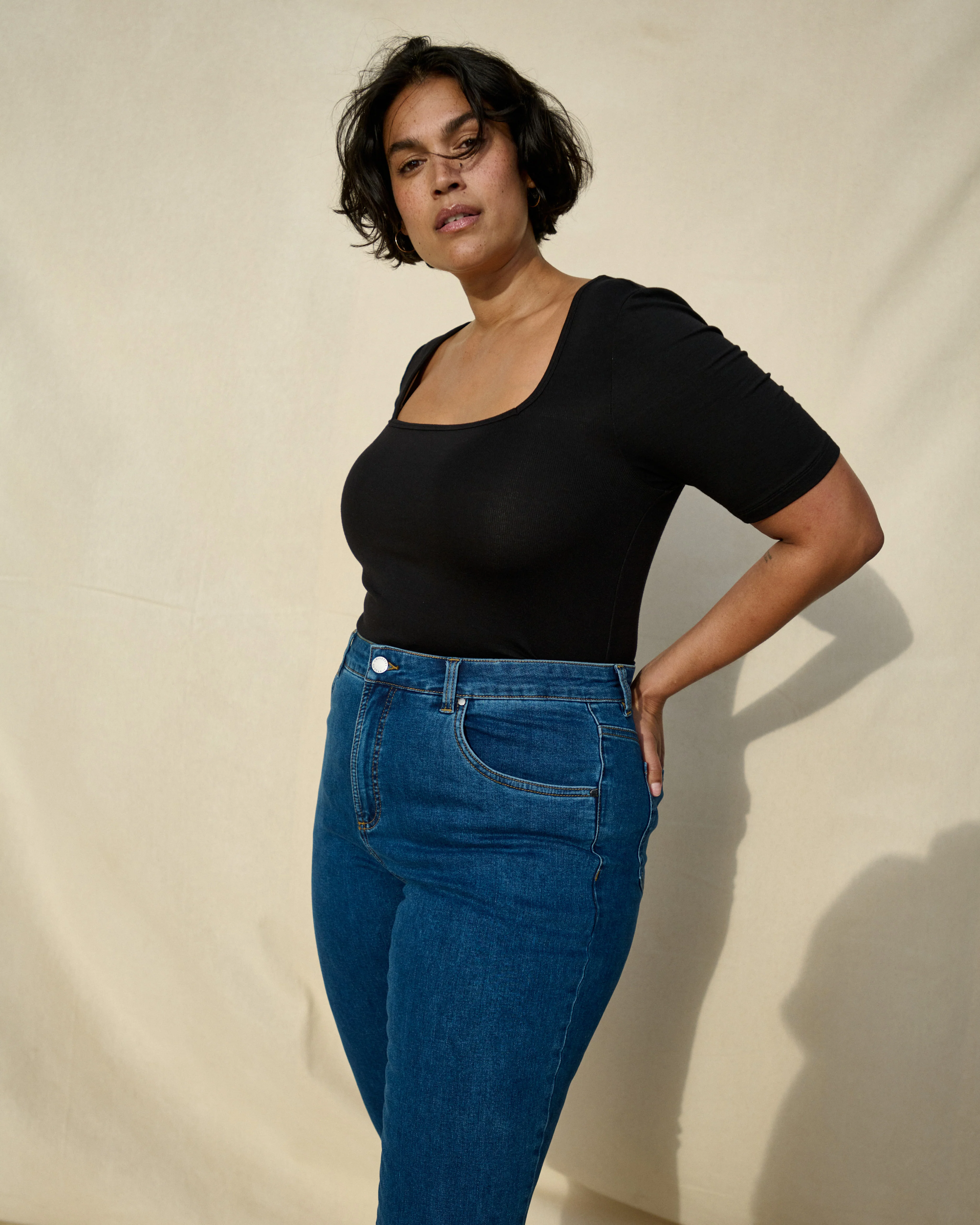 Cloud Rib Short Sleeve Square Neck Tee - Black