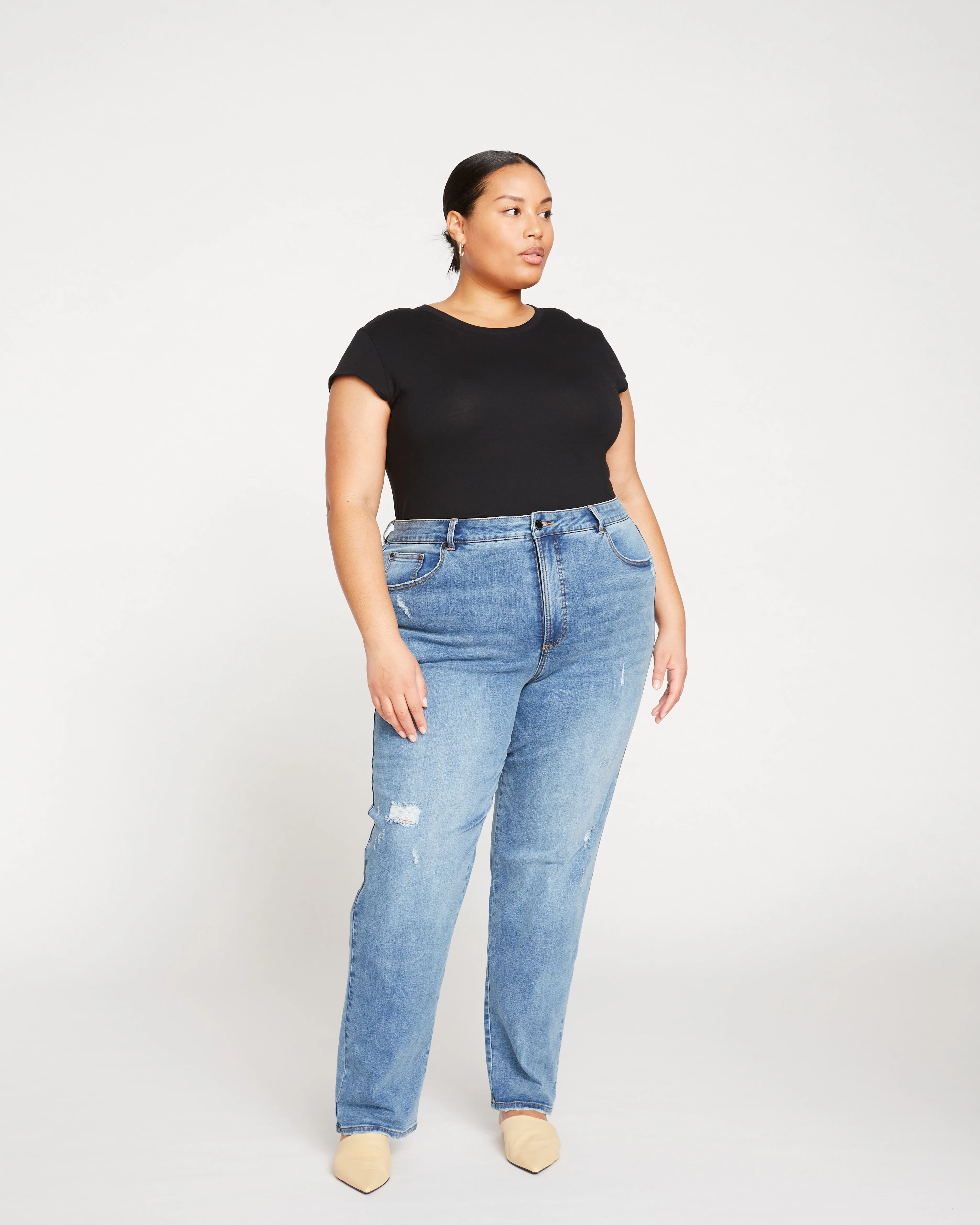Donna High Rise Curve Straight Leg Jeans 32 Inch - Distressed Indigo - Image 3