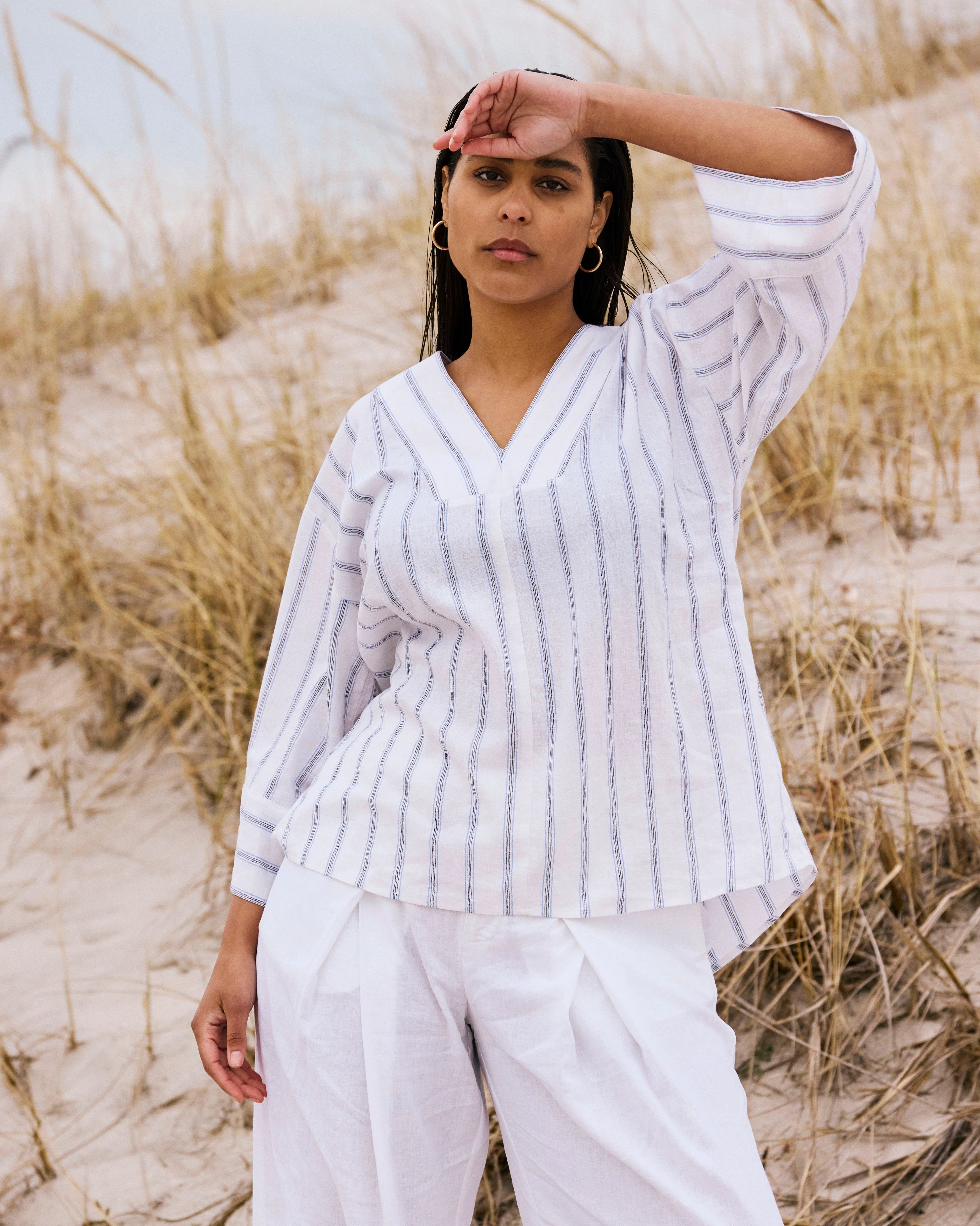 Elio V-Neck Linen Top - Mayfair Stripe