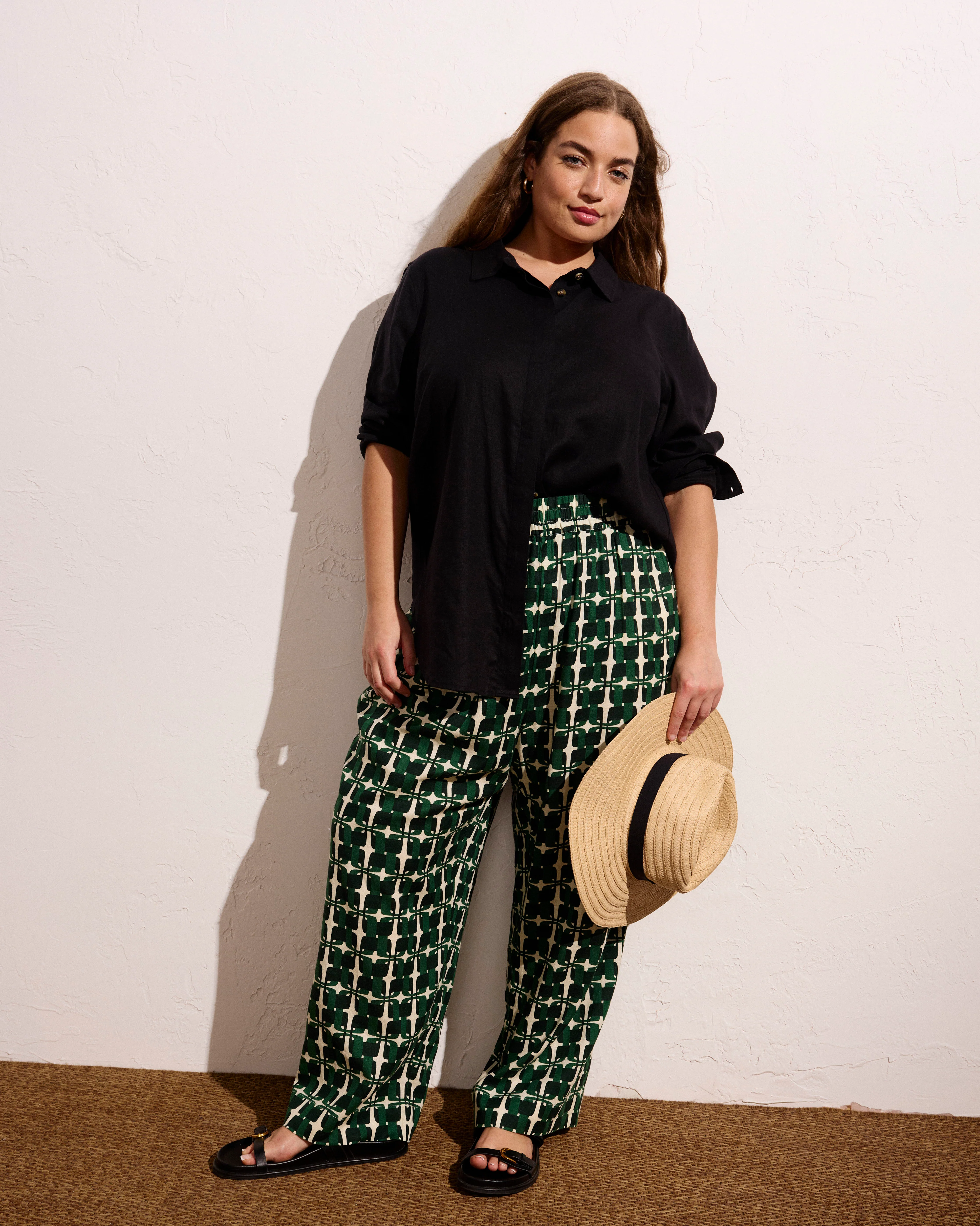 Iris Linen Easy Pull-On Pants - Green Trellis Print