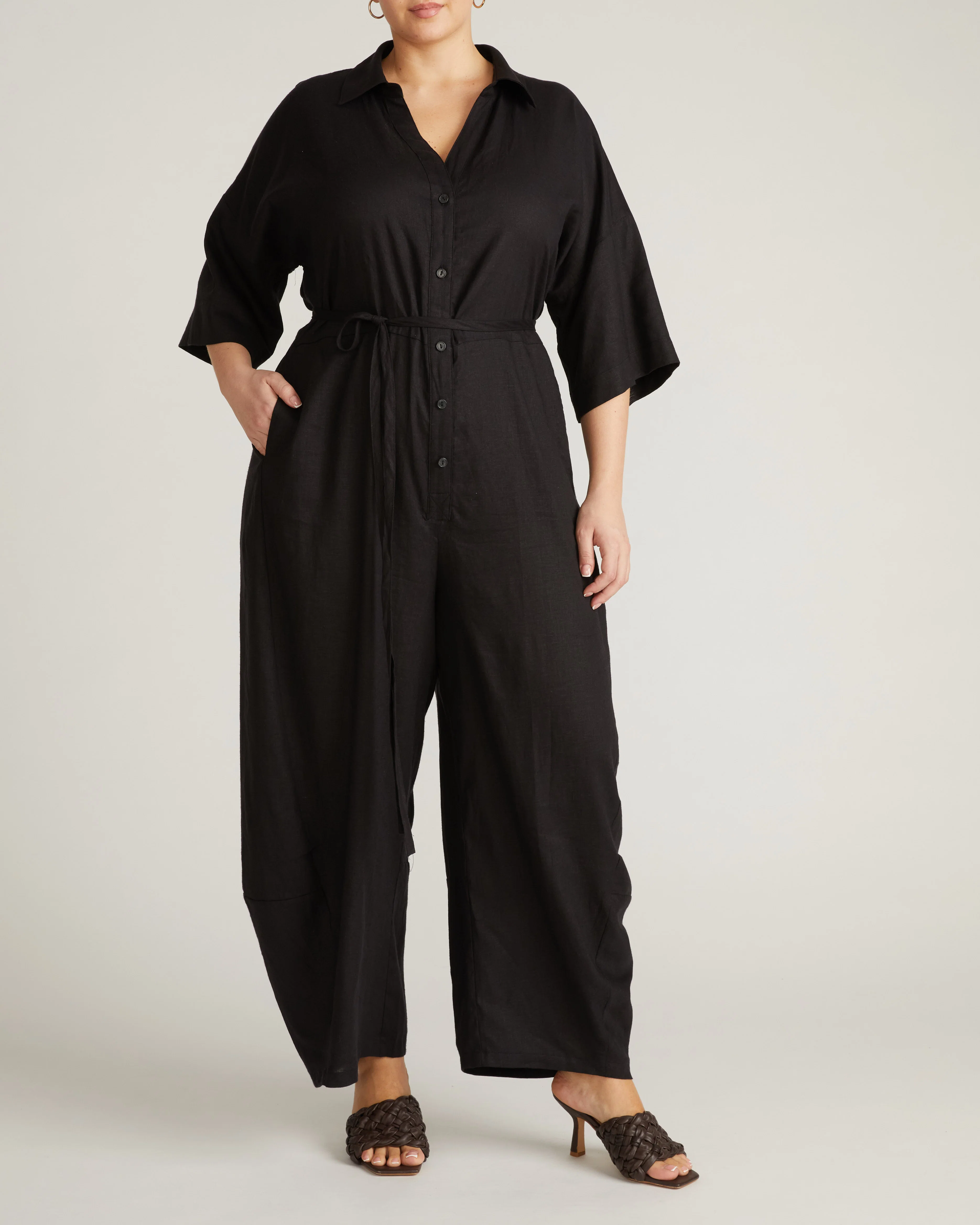 Maggie Barrel Leg Linen Jumpsuit - Black - Image 4