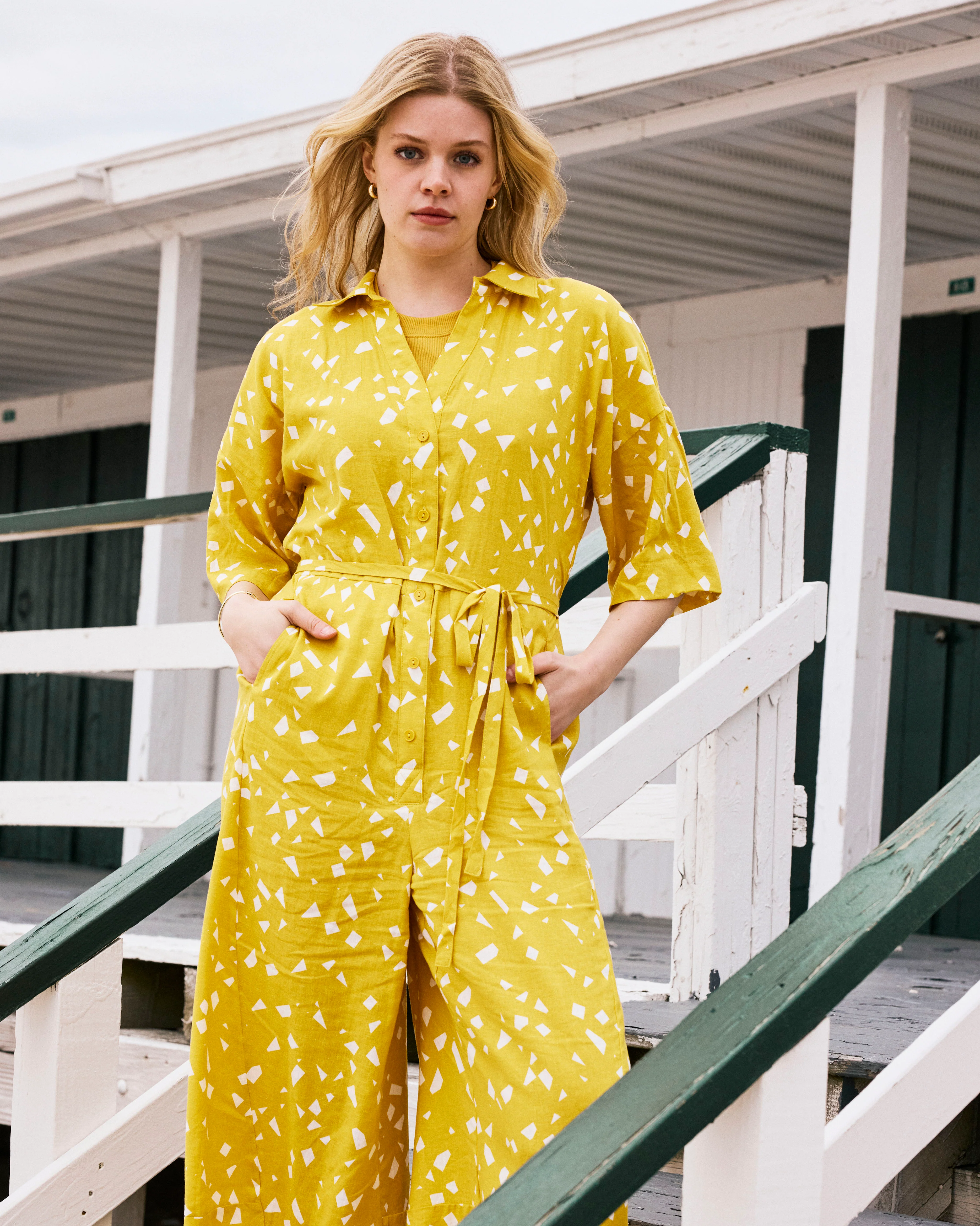 Maggie Barrel Leg Linen Jumpsuit - Yellow Confetti Print