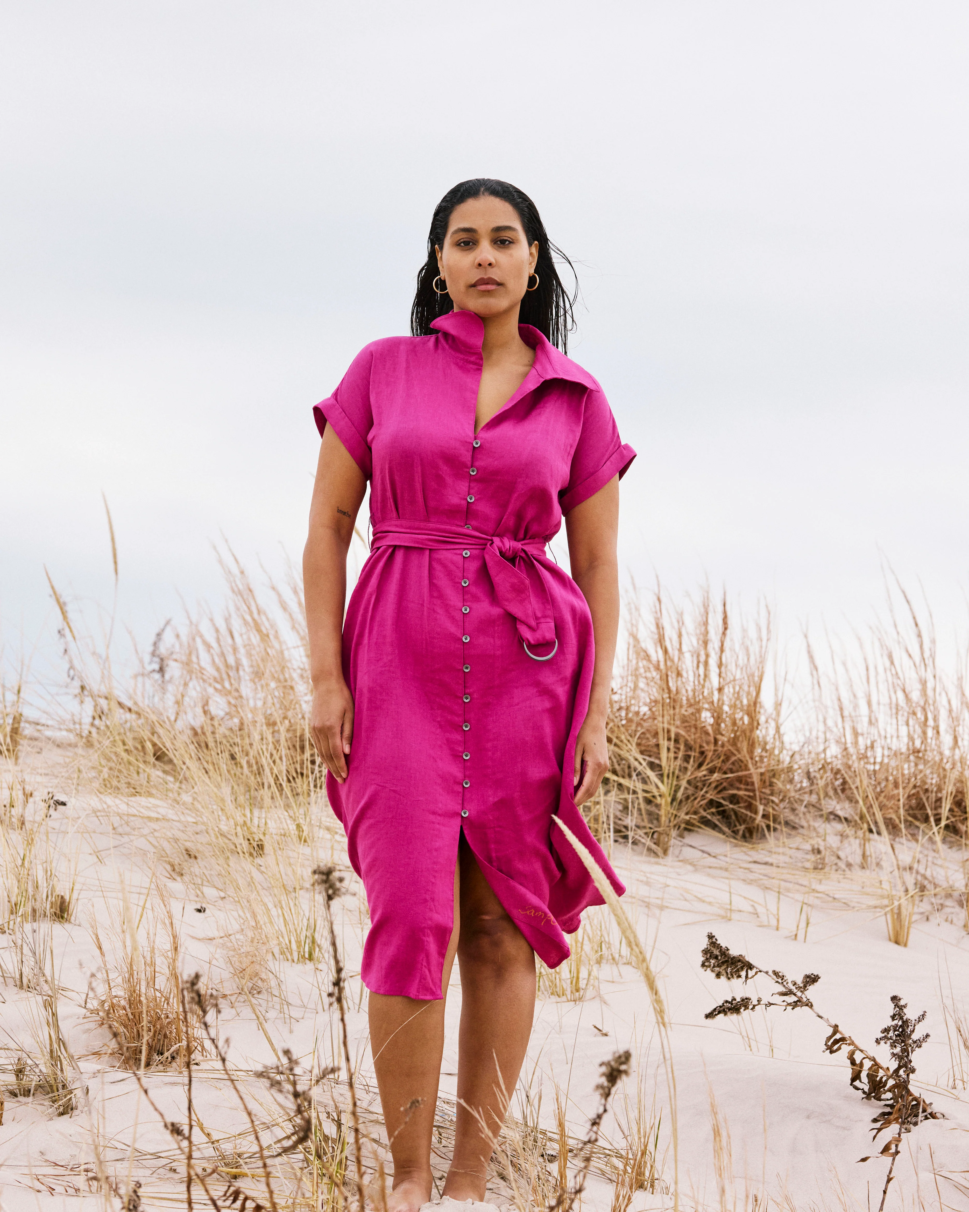Sandy Stretch Linen Shirtdress - Hyper Pink