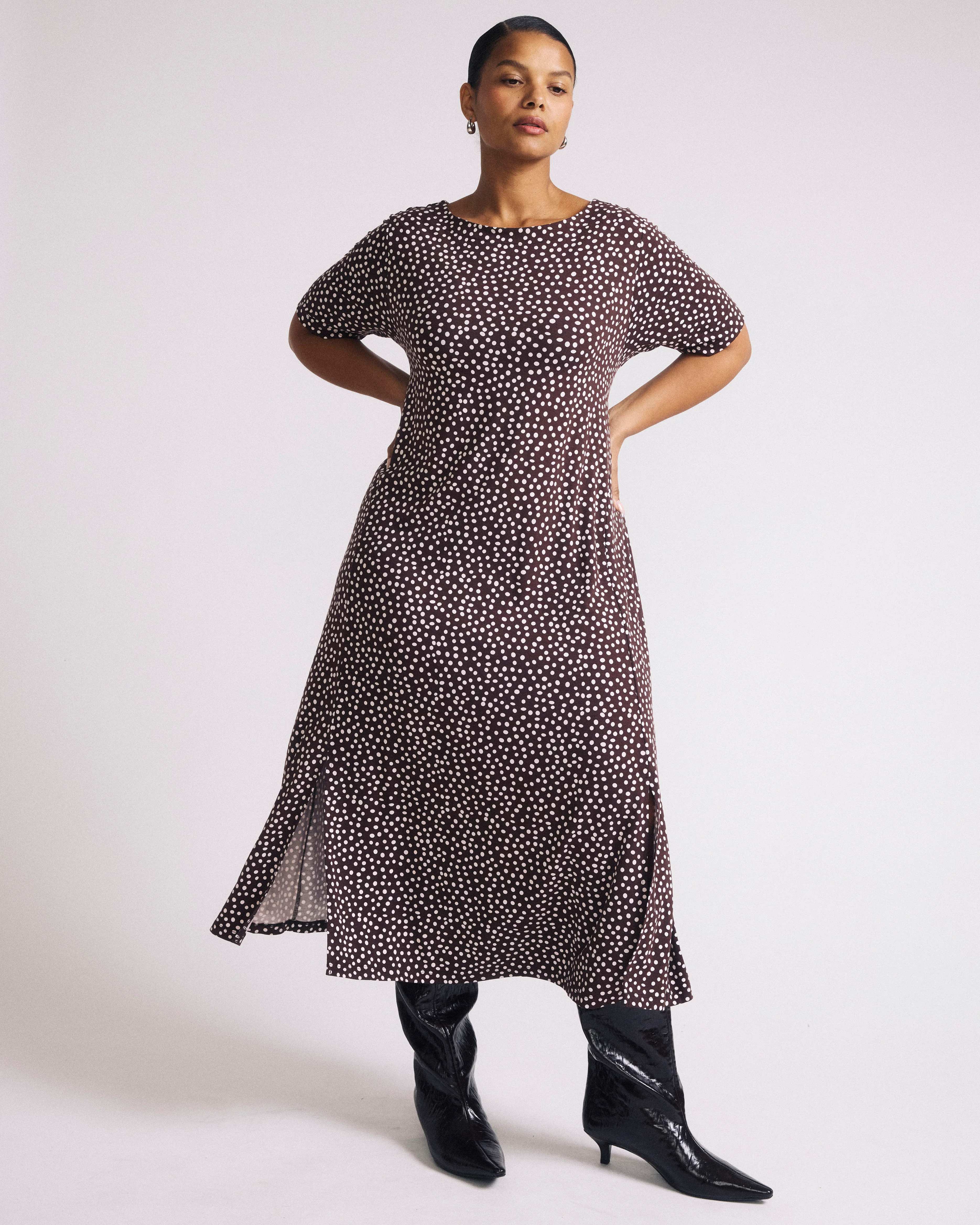 Serena Boatneck Divine Jersey Dress - Brown/White Dot Print