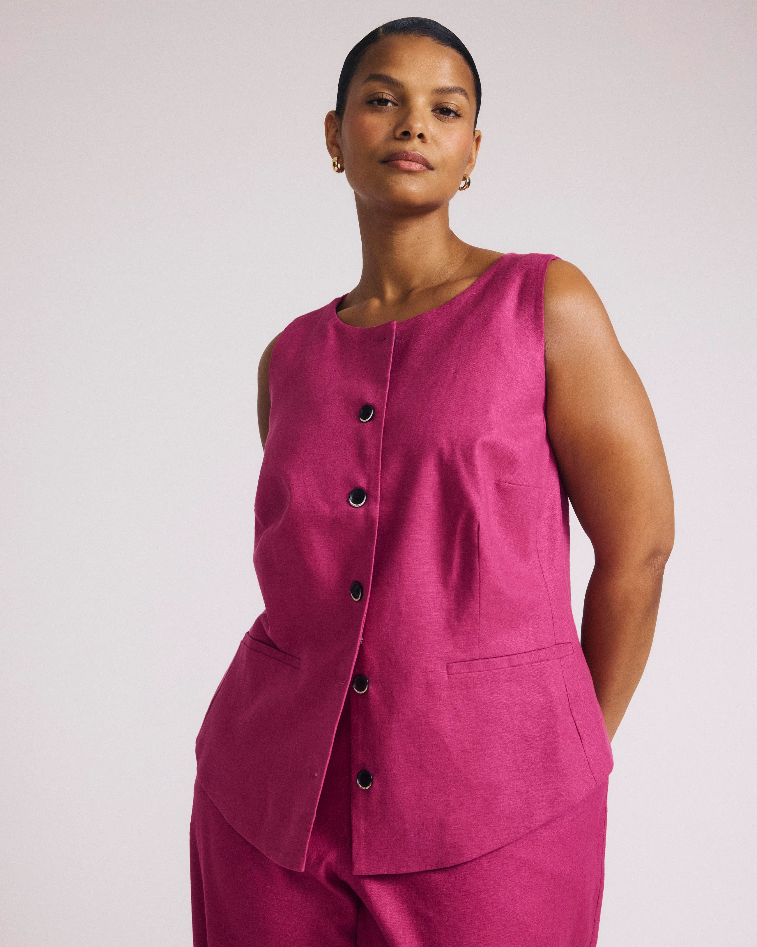 Tamsin Stretch Linen Vest - Hyper Pink